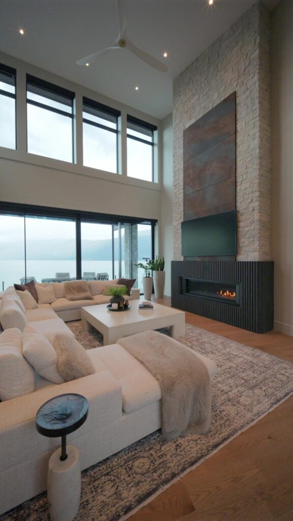 Two-storey great room with linear fireplace and lake view, Beyond the View video tour by Isabey Interiors