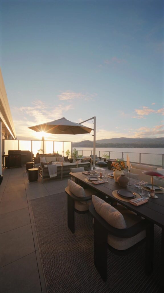 Lakeside terrace dining at golden hour, The Lakeside Edit video tour by Isabey Interiors